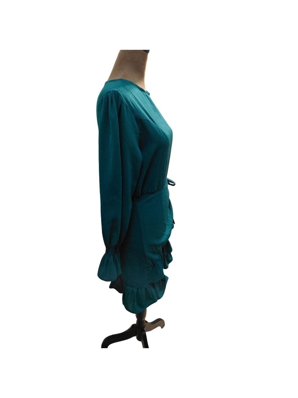 Vintage Handmade Emerald Green Wrap Ruffle Dress Small Romantic 80s 90s - Picture 4 of 6